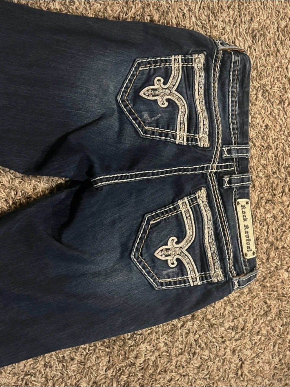 Rock Revival Dark Blue Boot Cut Jeans with Contrast White Embroidery